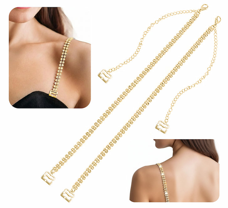 Trendy Trolley Gold Rhinestone Bra Straps for Women – Adjustable & Detachable Crystal Shoulder Straps for Party, Bridal & Daily Wear