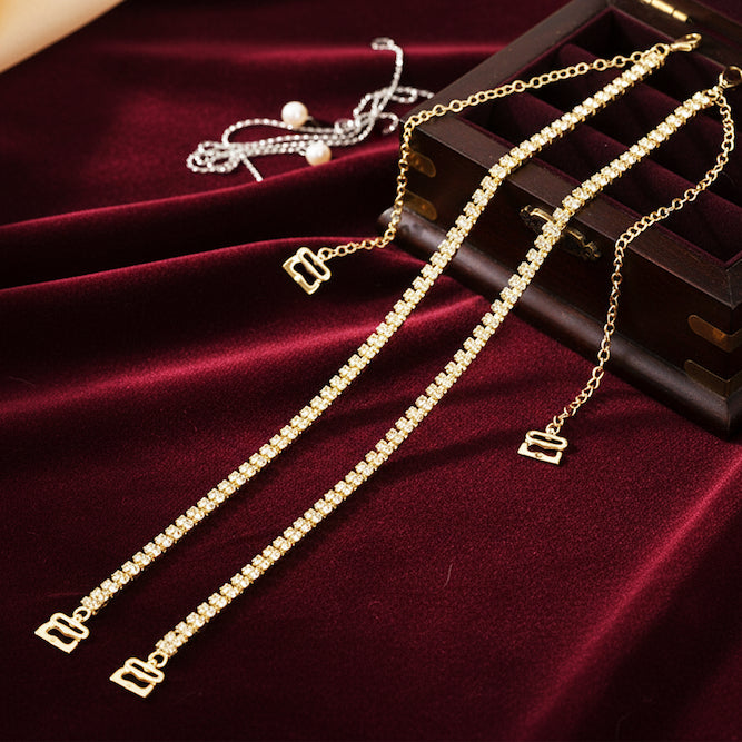 Trendy Trolley Gold Rhinestone Bra Straps for Women – Adjustable & Detachable Crystal Shoulder Straps for Party, Bridal & Daily Wear