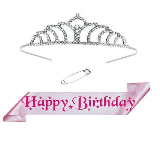 Decofy Happy Birthday Sash And Crown - Set of 2 Birthday Girl Sash And Tiara | Silver Crown For Birthday Girl | Pink Happy Birthday Sash for Girls | Birthday Decoration Items for Girls, Women