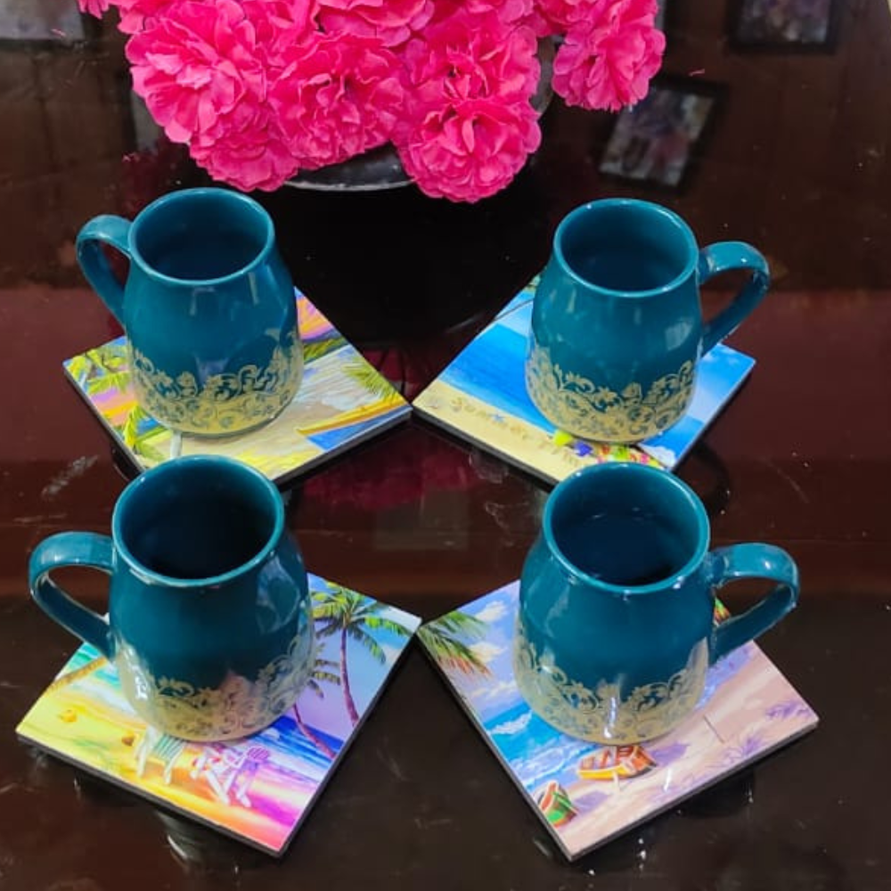 TrendyTrolley Beach Coconut Tree Square Coaster Set of Drink- Made of Polyester Fabric and Wooden Coaster Set - Set of 4 | with Coasters Holder Stand