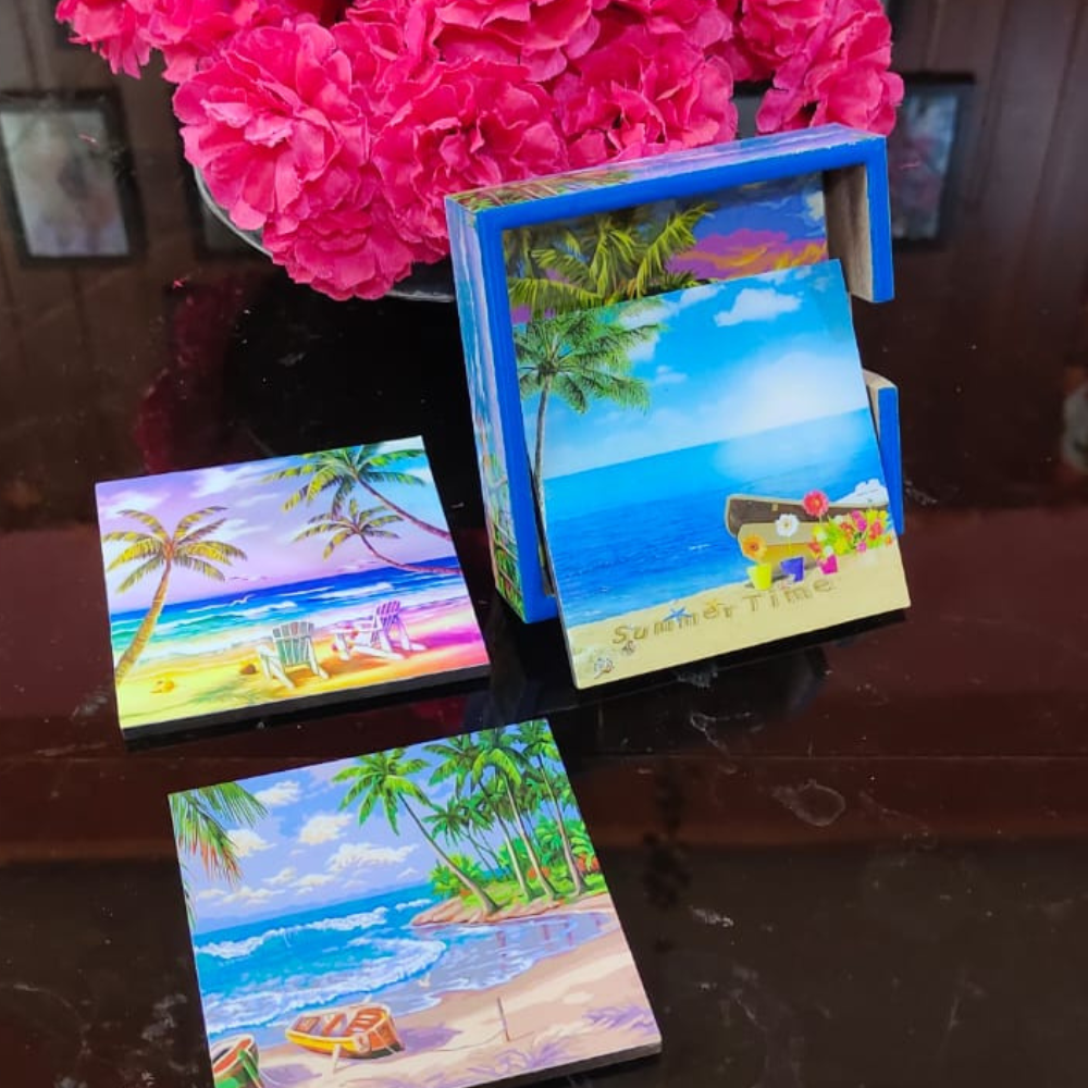 TrendyTrolley Beach Coconut Tree Square Coaster Set of Drink- Made of Polyester Fabric and Wooden Coaster Set - Set of 4 | with Coasters Holder Stand