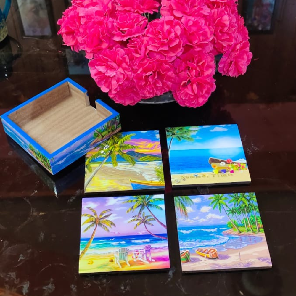 TrendyTrolley Beach Coconut Tree Square Coaster Set of Drink- Made of Polyester Fabric and Wooden Coaster Set - Set of 4 | with Coasters Holder Stand