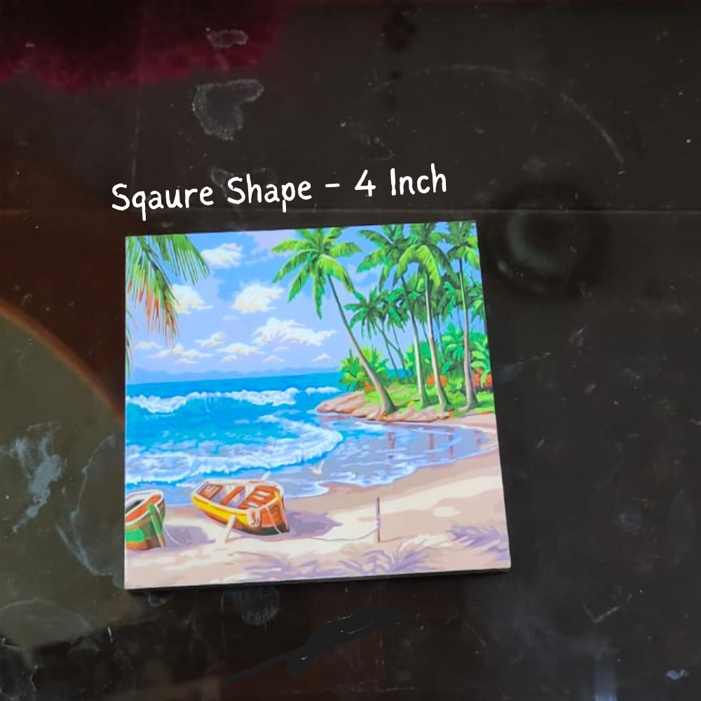 TrendyTrolley Beach Coconut Tree Square Coaster Set of Drink- Made of Polyester Fabric and Wooden Coaster Set - Set of 4 | with Coasters Holder Stand