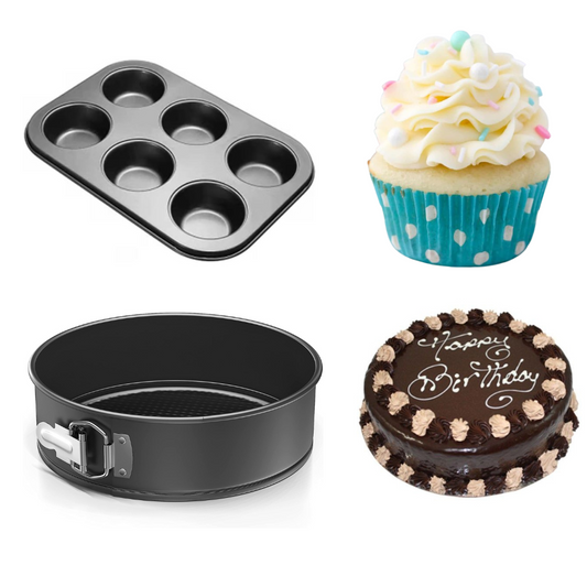 TrendyTrolley 2 Pc Cake Baking Combo Set- Round Cake Tin | Muffin Tray- Non Stick Carbon Steel Safe for Microwave & OTG Oven