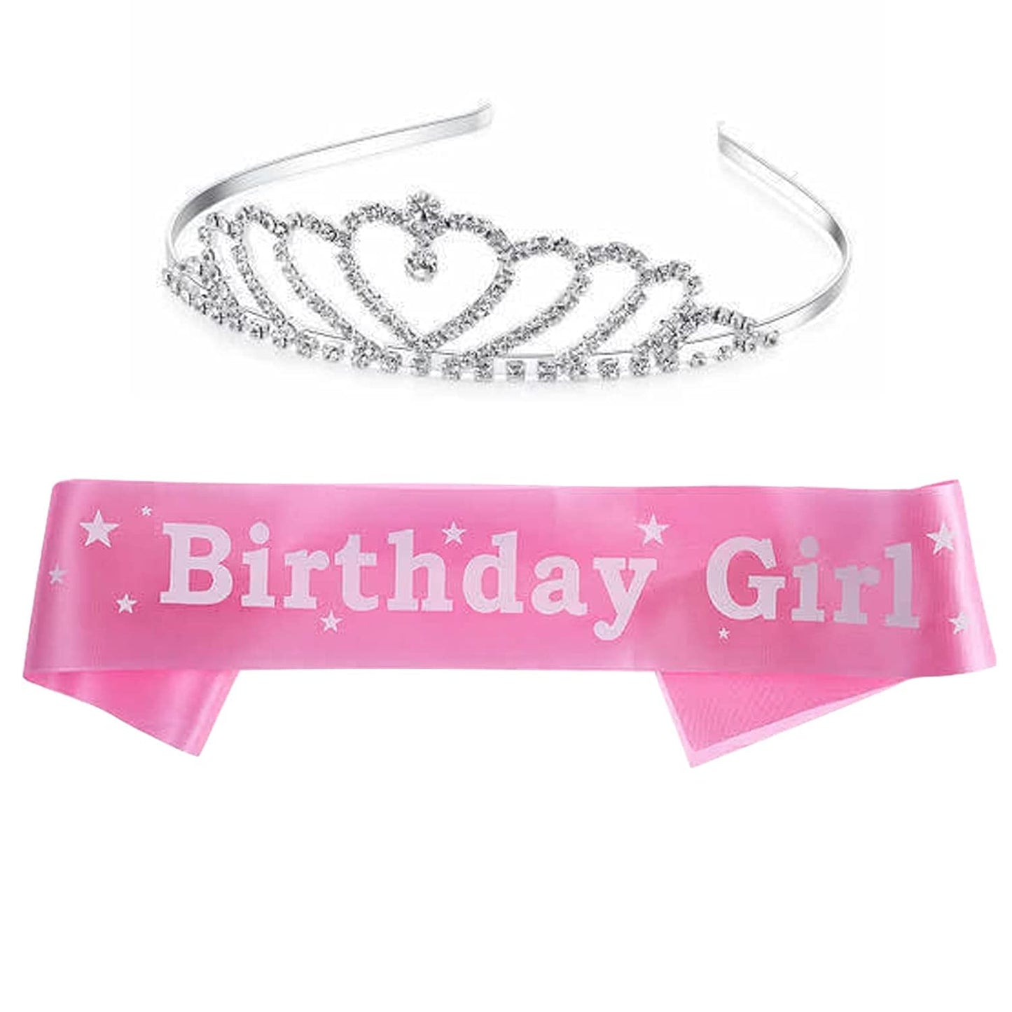 Unique Creations Birthday Girl Pink Sash with Beautiful Rhinstone Tiara Crown Set with Safety Pin for Women's & Girls (Heart Design)