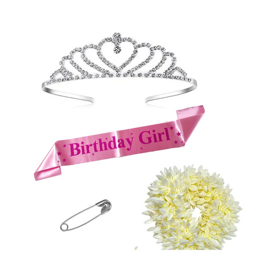 DECOFY Birthday Sash & Crown Set | Princess Queen Tiara Crowns Taj HairBand With Gajra For Kids Girls & Womens (4 Pc Set- With Pin)
