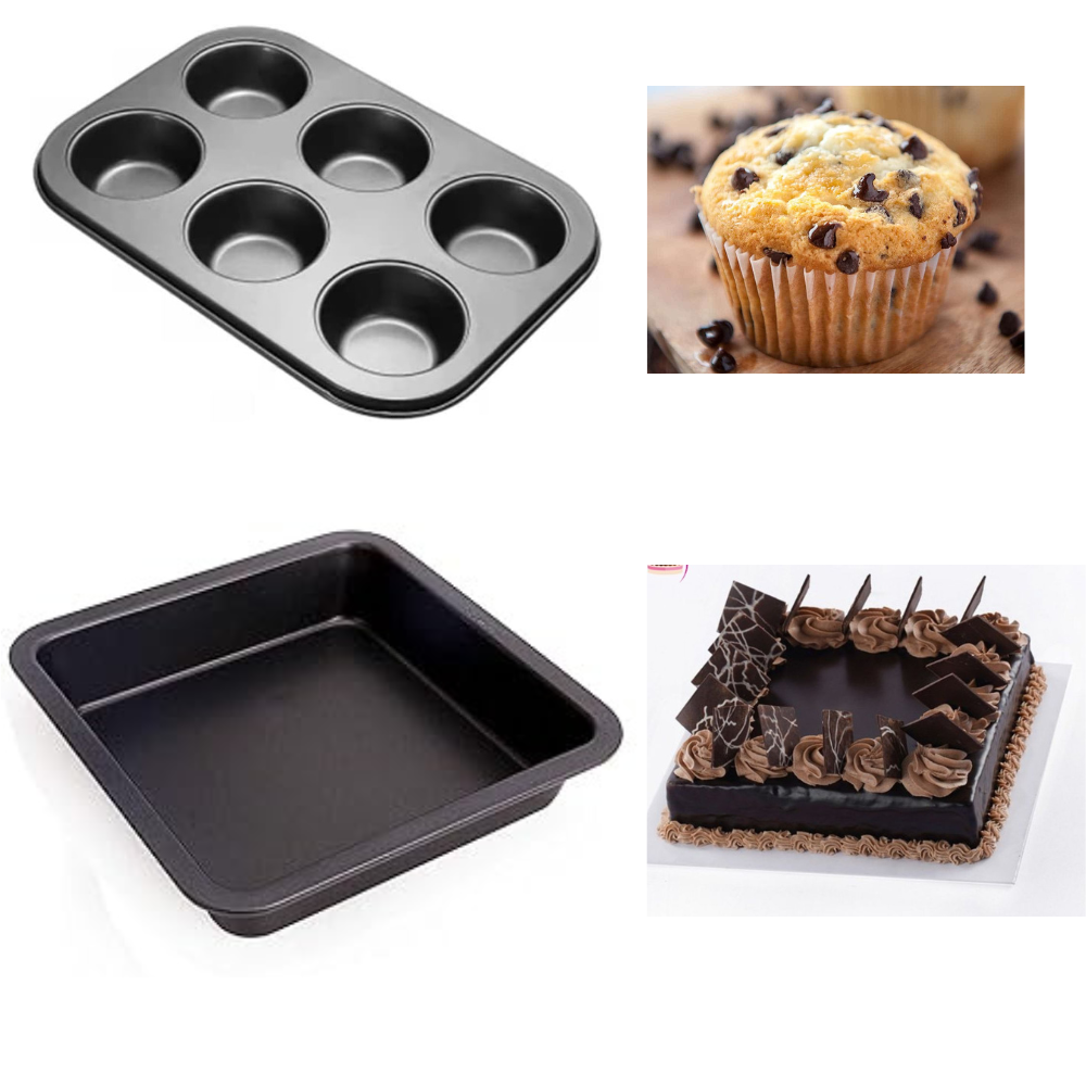 TrendyTrolley® Muffin Tray & Square Cake Tin Combo | Non-Stick Baking Set for Oven | Ideal for Cupcakes, Brownies & More (2 Pc)
