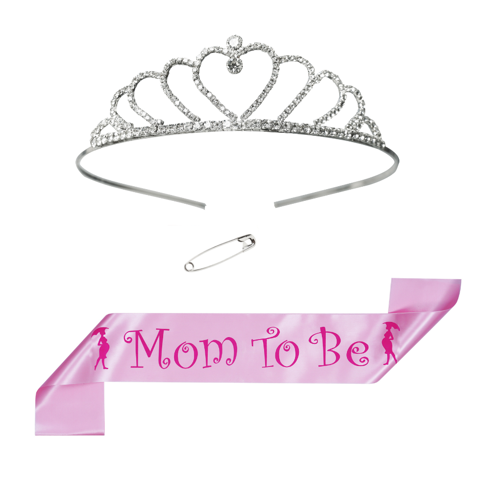 DecofyRoyal Glamor Tiara Set – Pink Sash Crown & Rhinsotne Jewel Combo for Trendy Moms | Baby Shower Combo Set