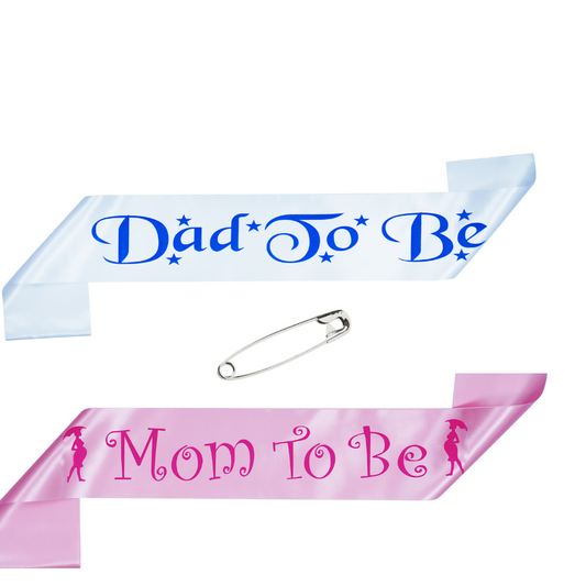 Decofy Mom to Be Pink Sash With Dad to Be Blue Sash With Pins (4 Pc Set)