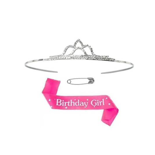 DECOFY Birthday Sash & Crown Set | Princess Queen Tiara Crowns Taj HairBand For Kids Girls & Womens (3 Pc Set- With Pin)