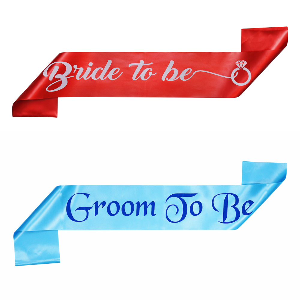 Decofy 2 Pc Bride & Groom Decoration Set | Bride to Be Red Sash | Groom To Be Blue Sash With Safety Pins