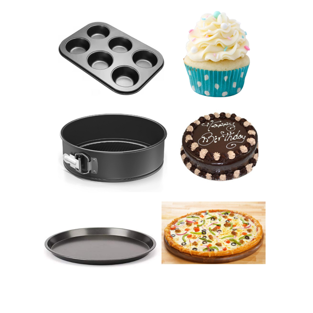 TrendyTrolley 3 Pc Cake Baking Combo Set - Round Cake Tin| Pizza Pan & Muffin Cupcake Tray Non Stick Springform Removable Bottom |Microwave Safe Moulds
