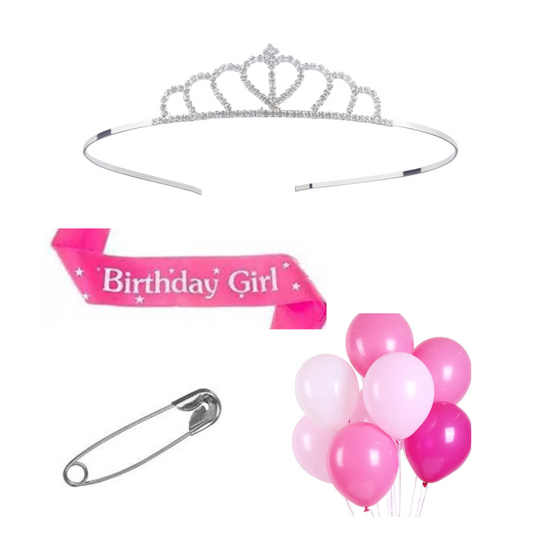 Decofy Birthday Sash & Crown Set | Princess Queen Tiara Crowns Taj HairBand For Kids Girls & Womens (28 Pc Set- With Pin& Balloons)