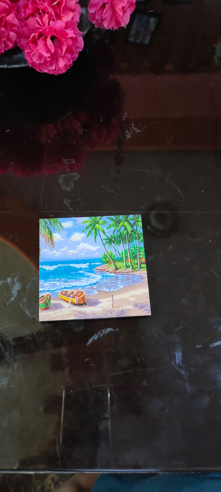 TrendyTrolley Beach Coconut Tree Square Coaster Set of Drink- Made of Polyester Fabric and Wooden Coaster Set - Set of 4 | with Coasters Holder Stand