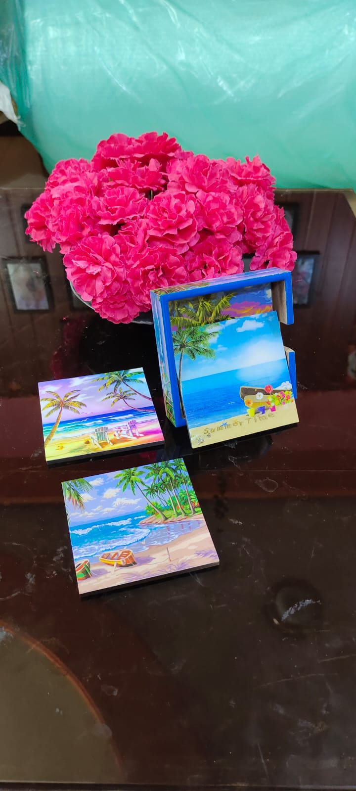 TrendyTrolley Beach Coconut Tree Square Coaster Set of Drink- Made of Polyester Fabric and Wooden Coaster Set - Set of 4 | with Coasters Holder Stand