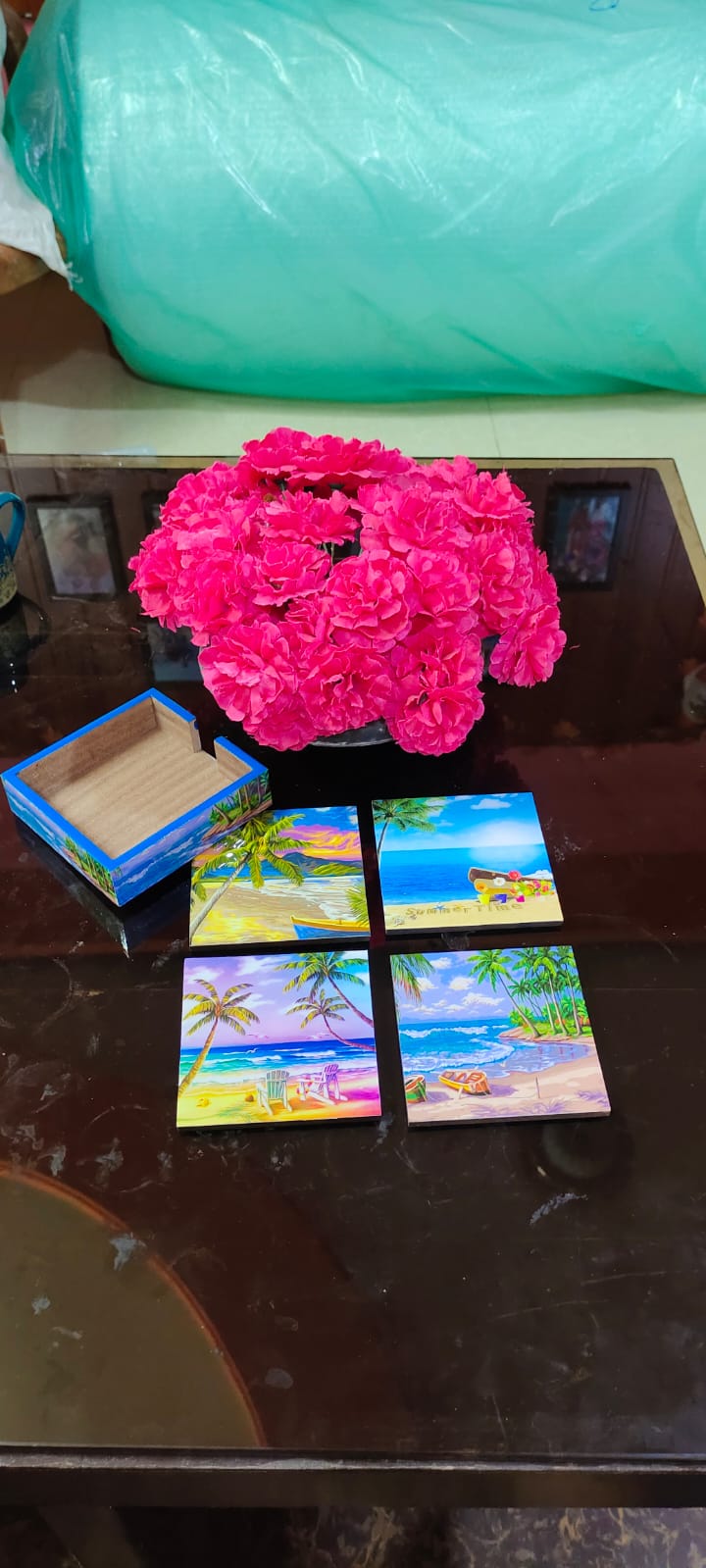 TrendyTrolley Beach Coconut Tree Square Coaster Set of Drink- Made of Polyester Fabric and Wooden Coaster Set - Set of 4 | with Coasters Holder Stand