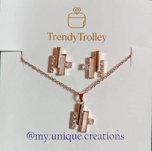 Trendy Trolley Vertical Lines Diamond Necklace Set | 18K Gold Plated Anti-Tarnish Jewellery for Women | Elegant Small Diamond Pendant with Matching Earrings