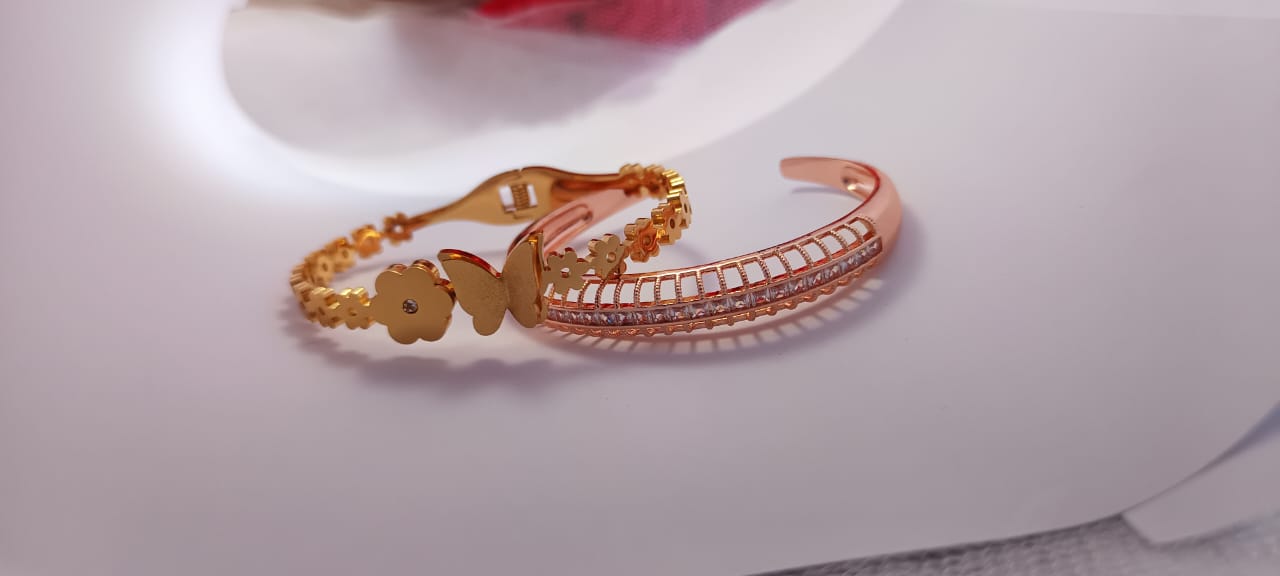 TrendyTrolley Elegant 2 Pc Kada Set – Butterfly & Flower Kada with Rose Gold Diamond Centre Kada | Graceful Floral Charm & Modern Sparkle Combo | Anti-Tarnish | Waterproof Jewellery