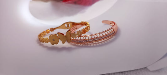 TrendyTrolley Elegant 2 Pc Kada Set – Butterfly & Flower Kada with Rose Gold Diamond Centre Kada | Graceful Floral Charm & Modern Sparkle Combo | Anti-Tarnish | Waterproof Jewellery
