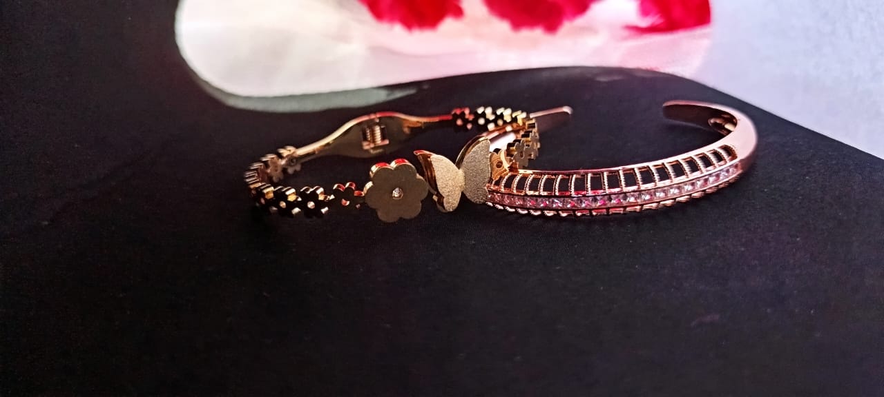 TrendyTrolley Elegant 2 Pc Kada Set – Butterfly & Flower Kada with Rose Gold Diamond Centre Kada | Graceful Floral Charm & Modern Sparkle Combo | Anti-Tarnish | Waterproof Jewellery