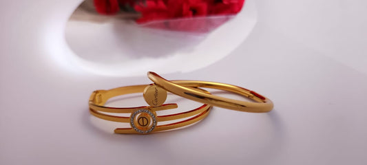 TrendyTrolley Elegant 2 Pc Kada Set – Single Gold Kada & Circle Centre Kada | Minimal Modern Design for Daily & Festive Wear | Skin-friendly | Anti-Tarnish | Waterproof Jewellery
