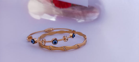 TrendyTrolley Elegant 2 Pc Kada Set – Evil Eye Kada & Floral Design Kada | Protective Charm & Graceful Style Combo for Daily & Festive Wear | Skin-friendly | Waterproof | Anti-Tarnish Jewellery