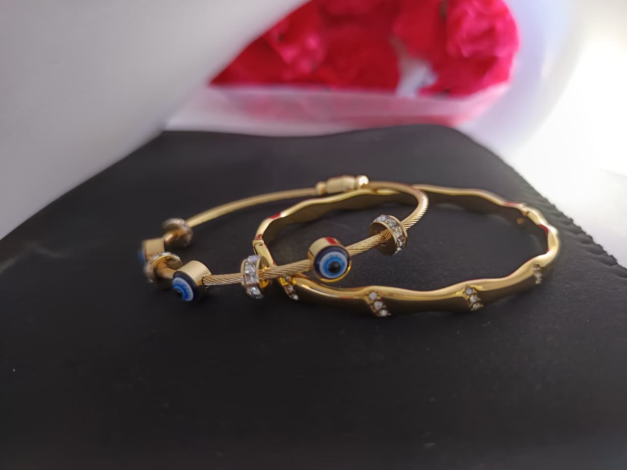 TrendyTrolley Elegant 2 Pc Kada Set – Evil Eye Kada & Floral Design Kada | Protective Charm & Graceful Style Combo for Daily & Festive Wear | Skin-friendly | Waterproof | Anti-Tarnish Jewellery