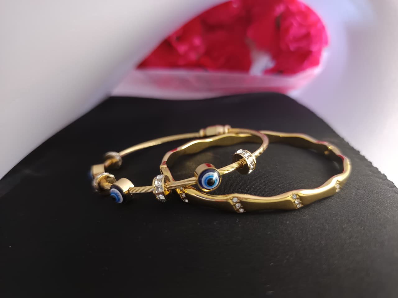 TrendyTrolley Elegant 2 Pc Kada Set – Evil Eye Kada & Floral Design Kada | Protective Charm & Graceful Style Combo for Daily & Festive Wear | Skin-friendly | Waterproof | Anti-Tarnish Jewellery