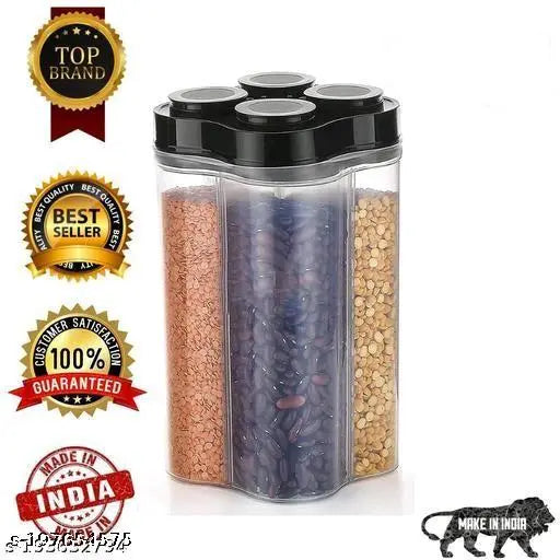 TrendyTrolley Airtight Transparent Plastic Lock Food Storage 4 Section Container Jar forPulses |Grocery, Fridge Container Pack of 1, 2400ML - Black -MADE IN INDIA