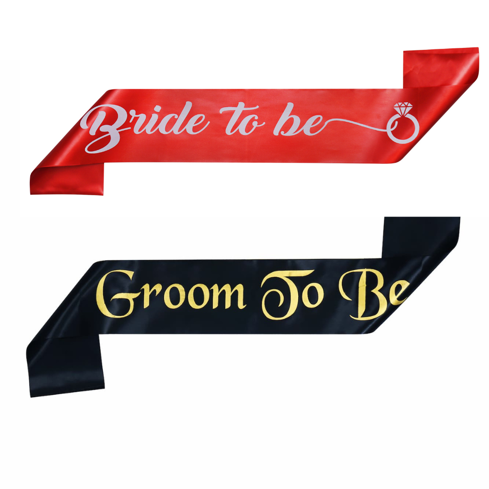 Decofy 2 Pc Bride & Groom Decoration Set | Bride to Be Red Sash | Groom To Be Black Sash With Safety Pins