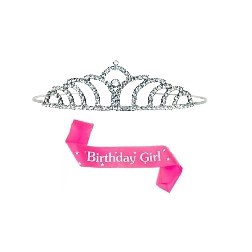 DECOFY Birthday Sash & Crown Set | Princess Queen Tiara Crowns Taj HairBand For Kids Girls & Womens (3 Pc Set- With Pin-Pink)