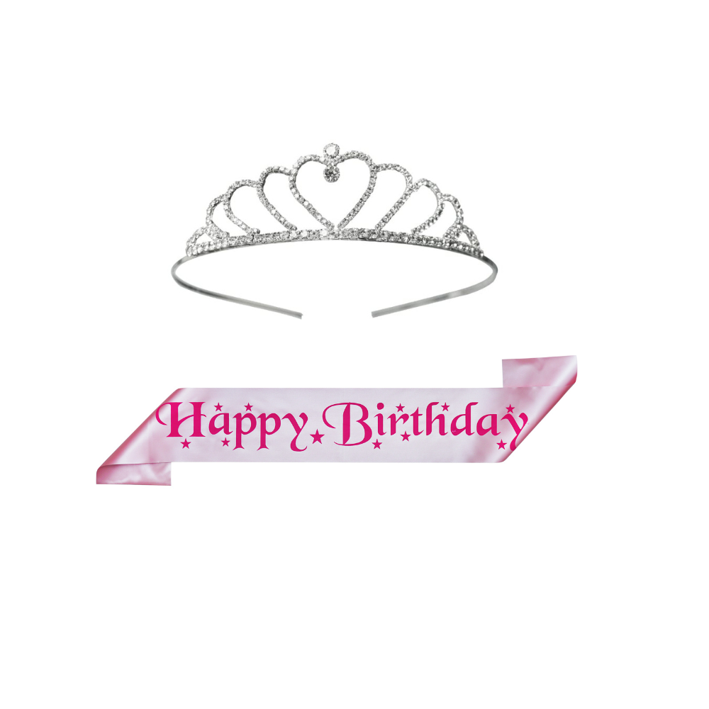 Decofy Birthday Girl Sash And Crown - Set of 2 Birthday Girl Sash And Tiara | Silver Crown For Birthday Girl | Pink Happy Birthday Sash for Girls | Birthday Decoration Items for Girls, Women
