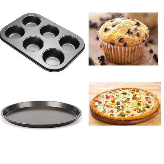 TrendyTrolley® Non-Stick Muffin Tray & Pizza Tray Combo | Cupcake & Pizza Bakeware Set for Oven | Home & Professional Baking (2 Pc)