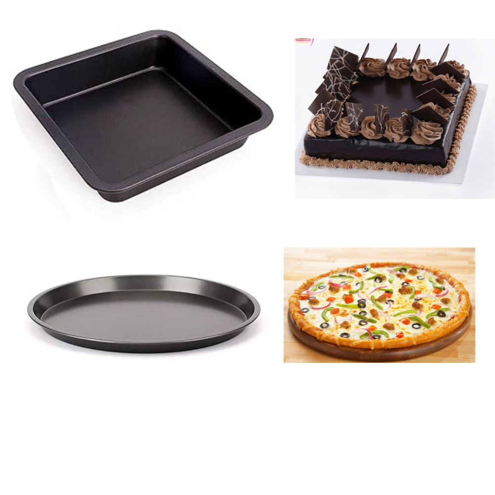 TrendyTrolley® Pizza Tray & Square Cake Tin Set | Non-Stick Oven Bakeware Combo | Great for Pizza, Brownies & Baking Gifts (2 Pc)